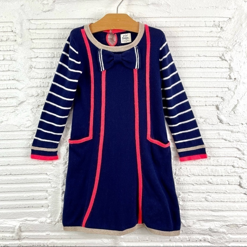 Mini Boden Bowtie Neck Cashmere Blend Metallic Stripe Sleeve Sweater Dress 3-4Y